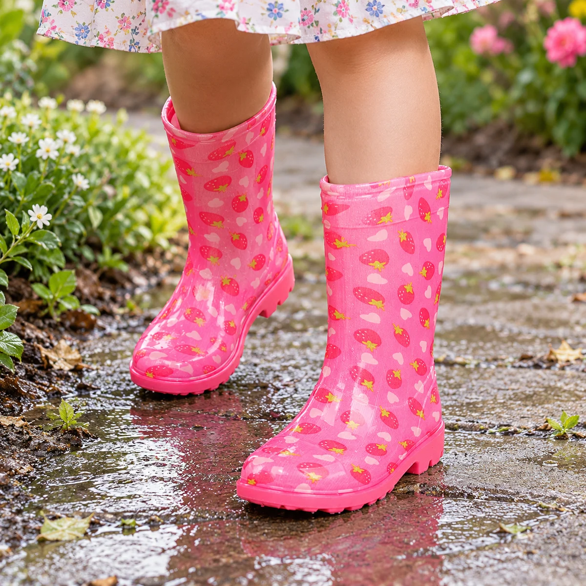 Enfant portant des bottes de pluie roses à petites fraises