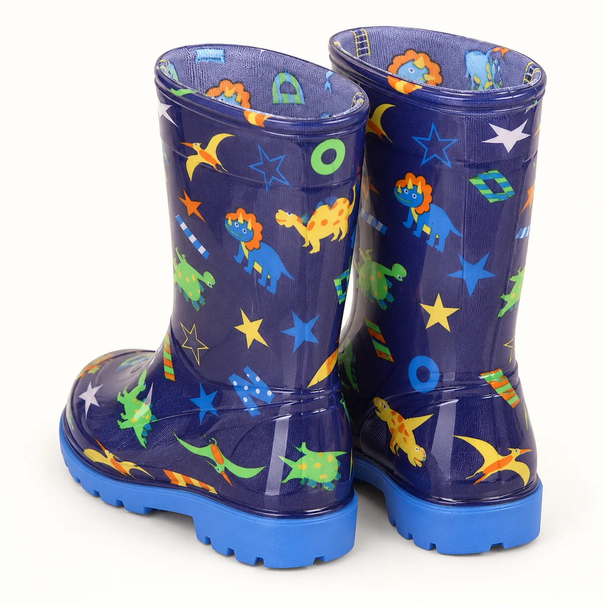 Autre vue de bottes de pluie à dinosaures et étoiles