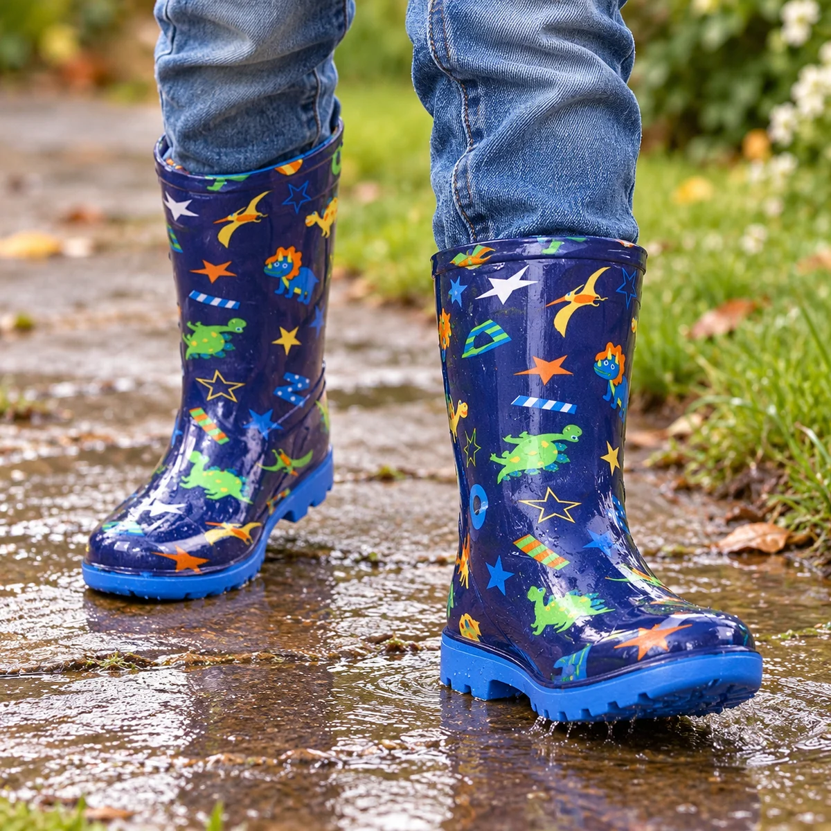 Enfant portant des bottes de pluie à dinosaures et étoiles