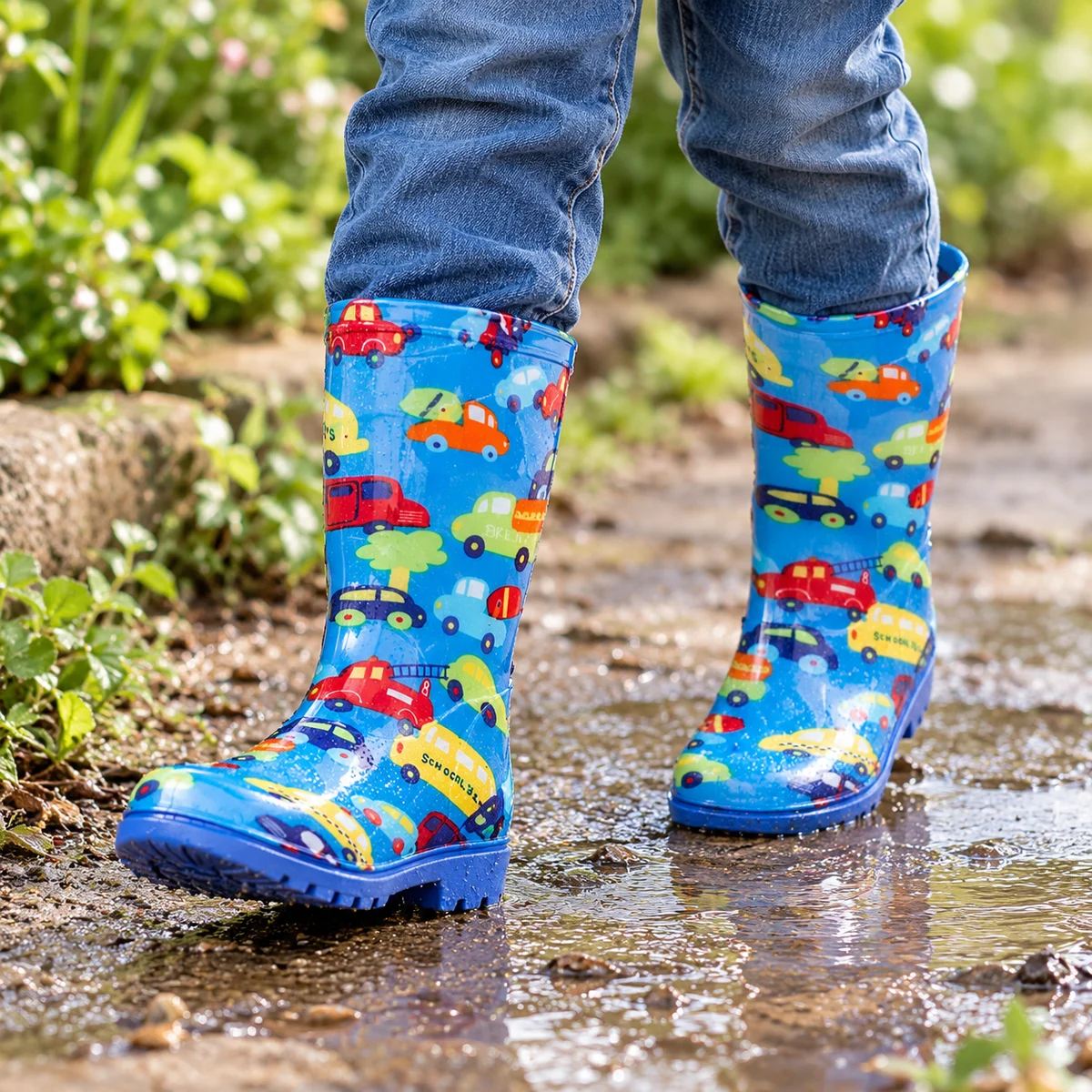 Enfant portant des bottes de pluie bleues à véhicules colorés