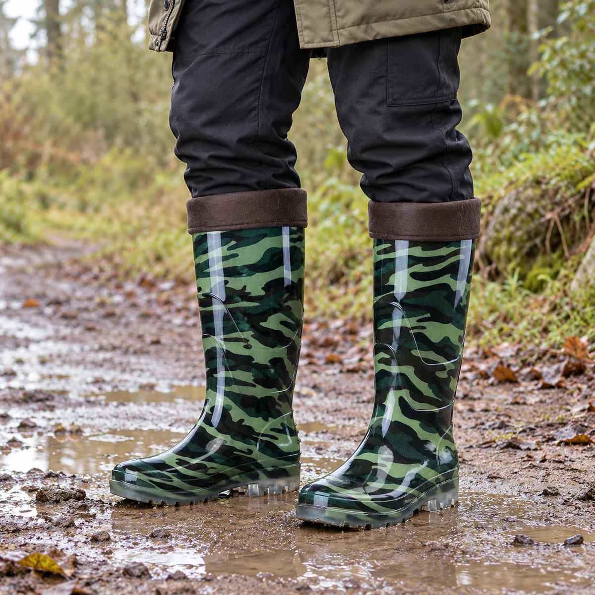Homme portant des bottes de pluie hautes camouflage et fourrées.