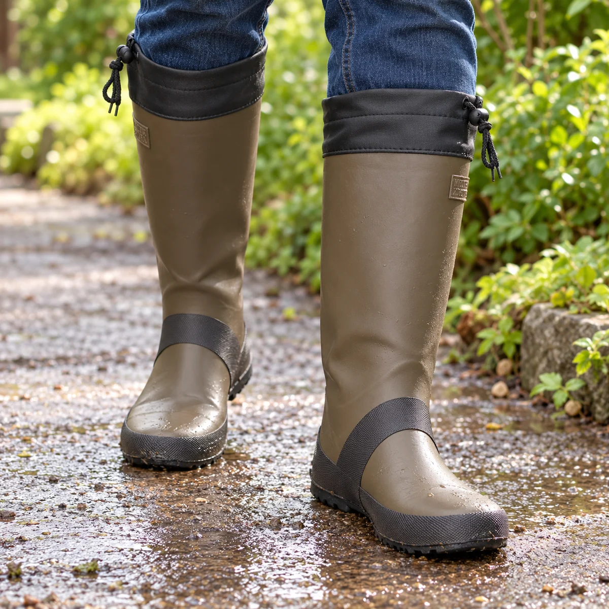 Homme portant des bottes de pluie marron pliables à col réglable