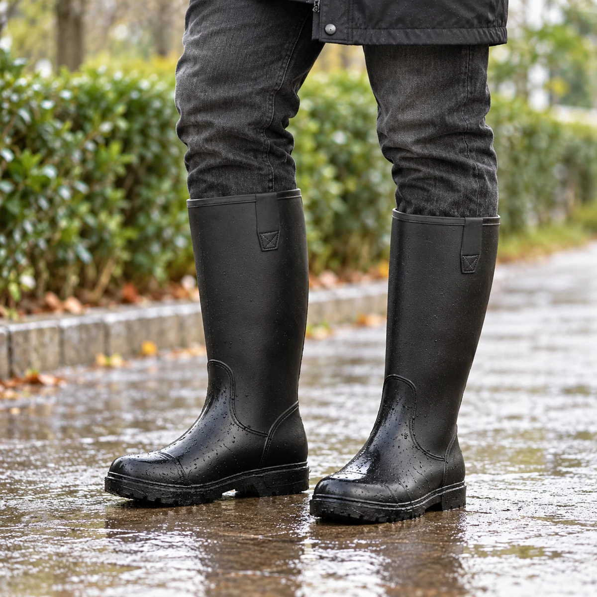 Homme portant des bottes de pluie noires à bride au col.