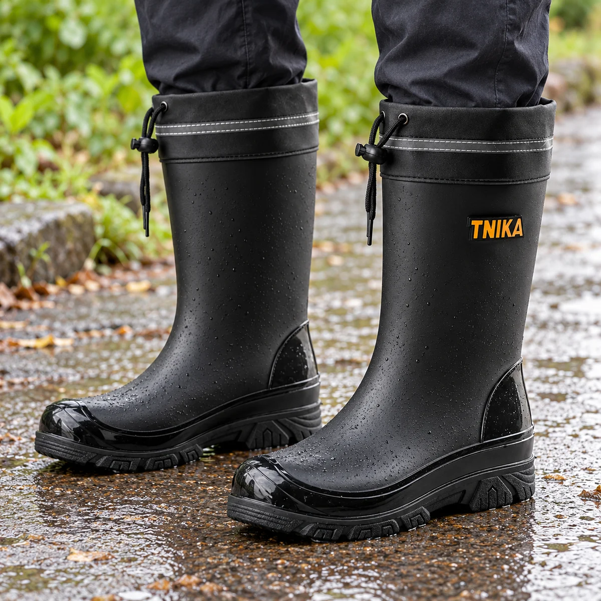 Homme portant des bottes de pluie noires à col réglable sur un chemin pavé.