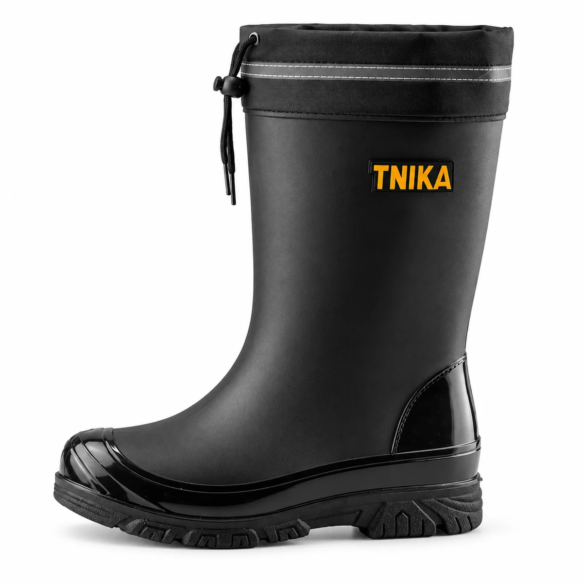 Bottes de pluie noires à col réglable vues de profil sur fond blanc.