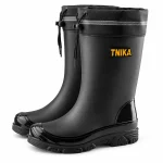 Bottes de pluie noires à col réglable présentées sur fond blanc.
