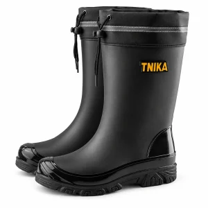 Bottes de pluie noires à col réglable présentées sur fond blanc.