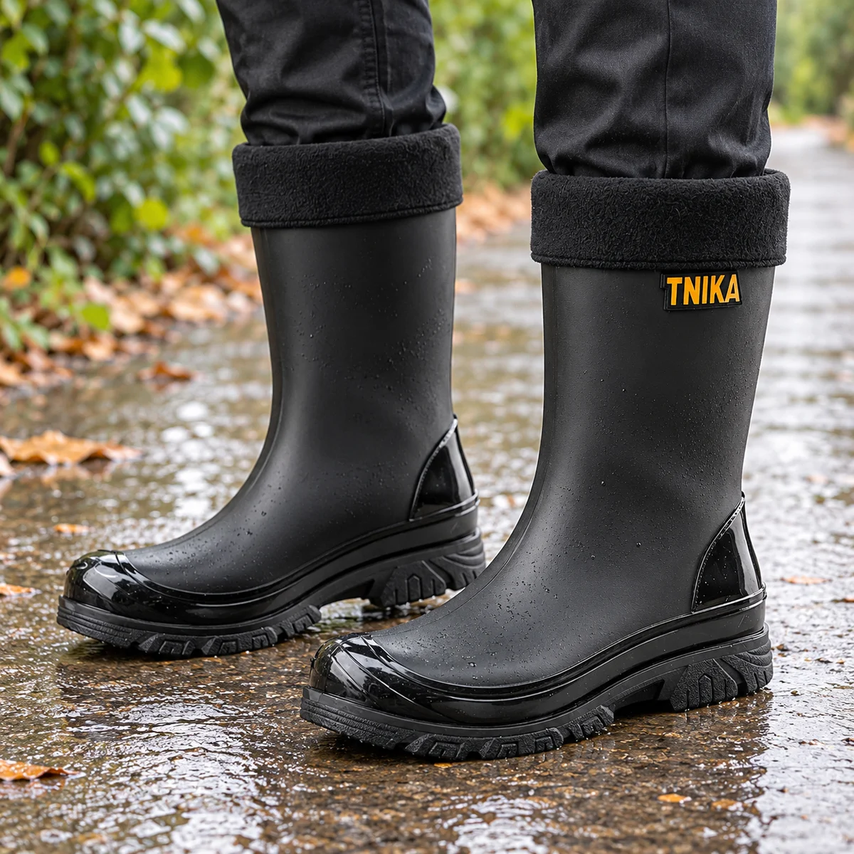 Homme portant des bottes de pluie noires à col textile sur un chemin pavé.