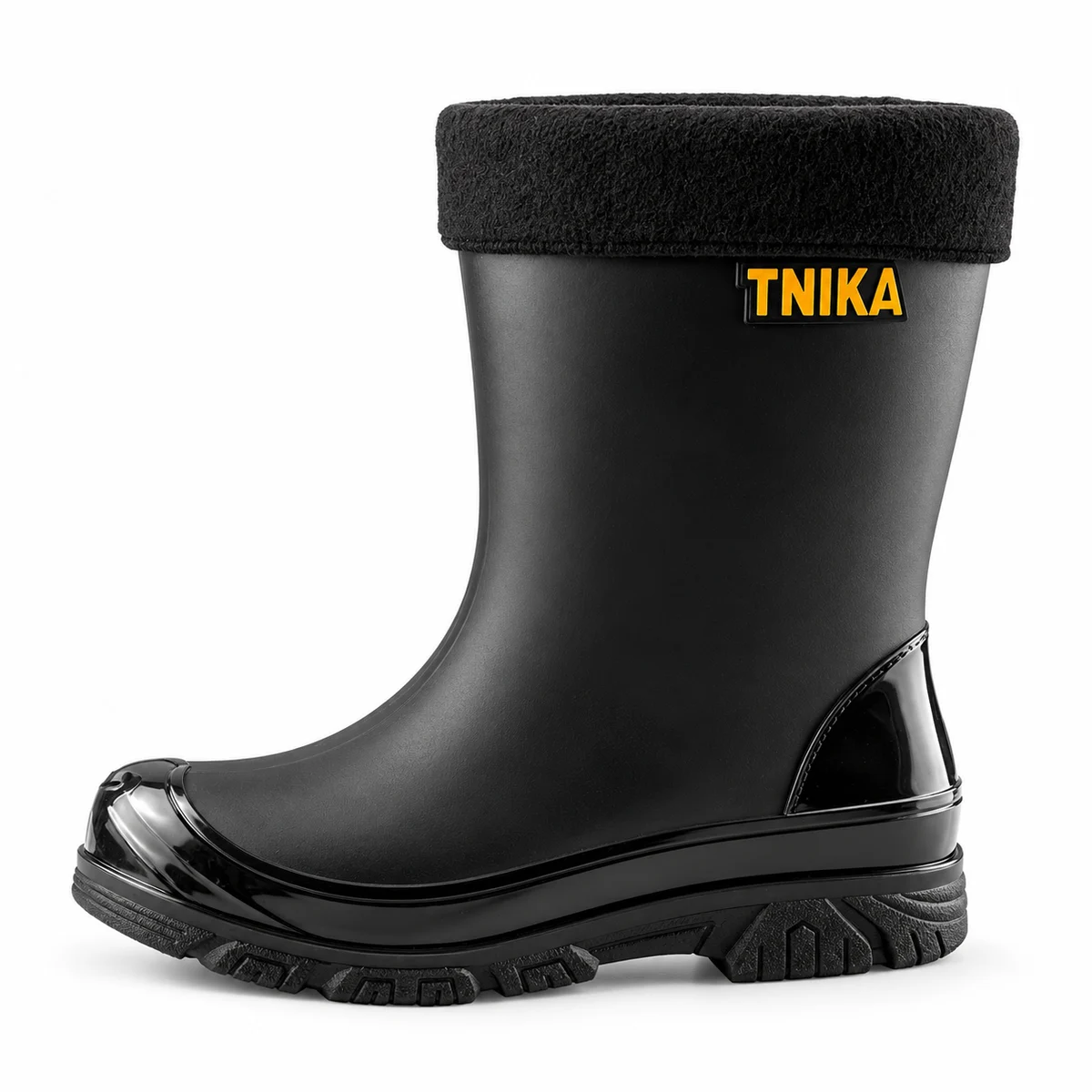 Bottes de pluie noires à col textile vues de profil sur fond blanc.