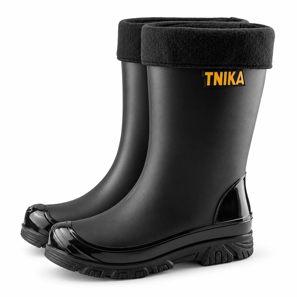 Bottes de pluie noires à col textile présentées sur fond blanc.