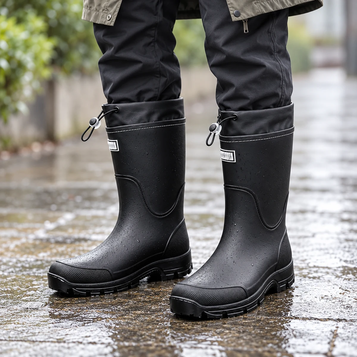 Homme portant des bottes de pluie noires à cordon et semelle crantée.