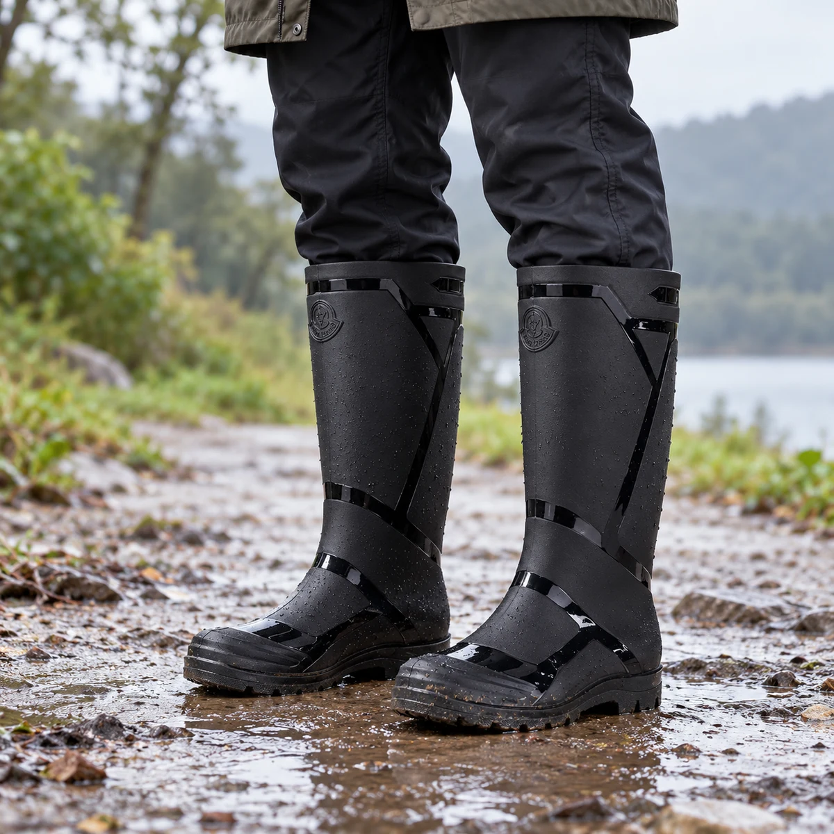 Homme portant des bottes de pluie noires à découpes contrastées.
