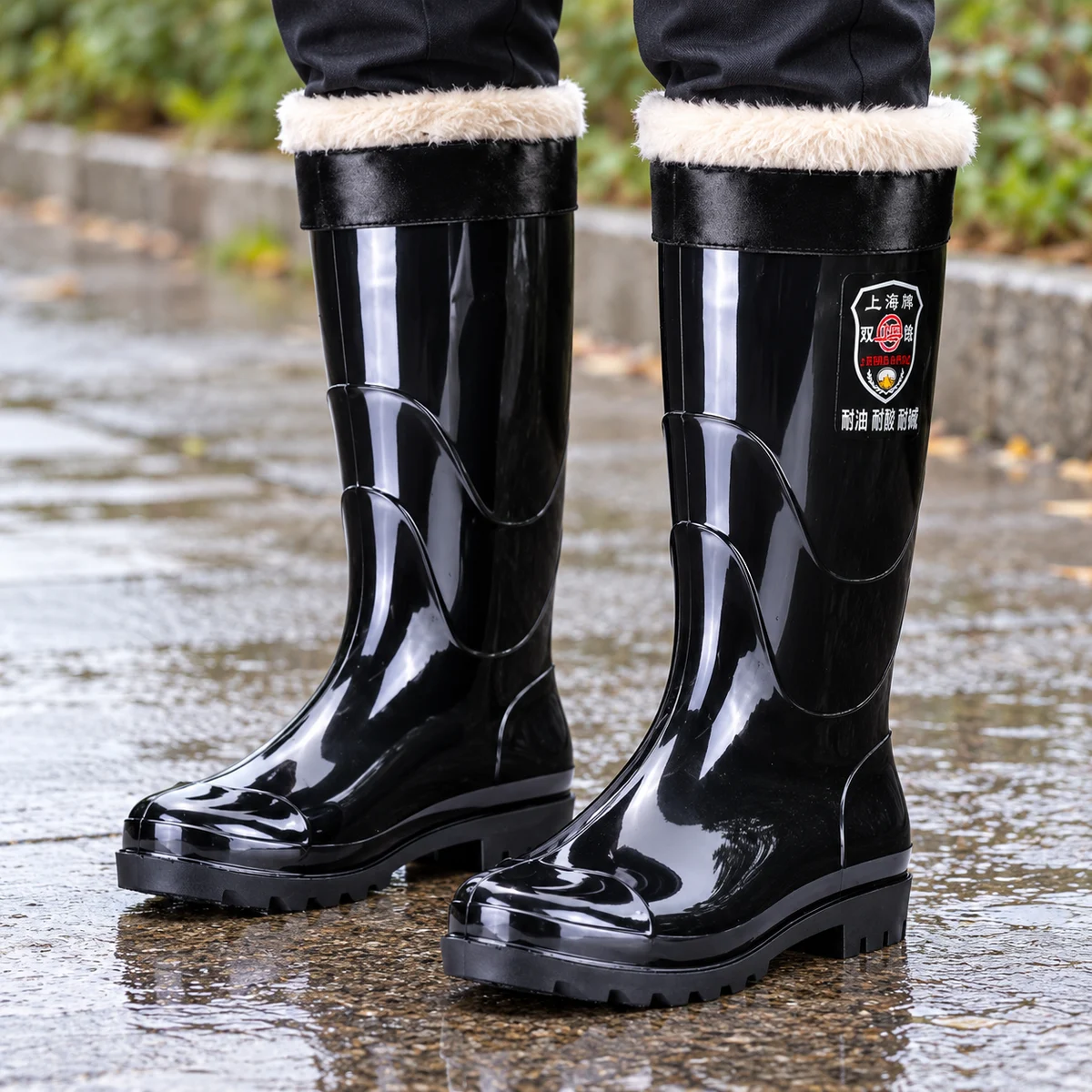 Homme portant des bottes de pluie noires brillantes à revers noir et doublure claire sur un chemin pavé.