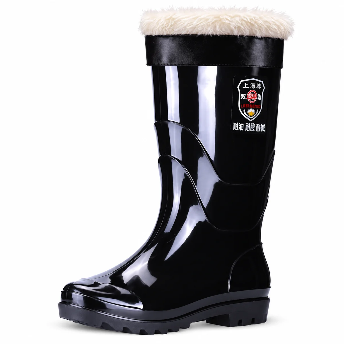 Bottes de pluie noires brillantes à revers noir et doublure claire vues de profil sur fond blanc.