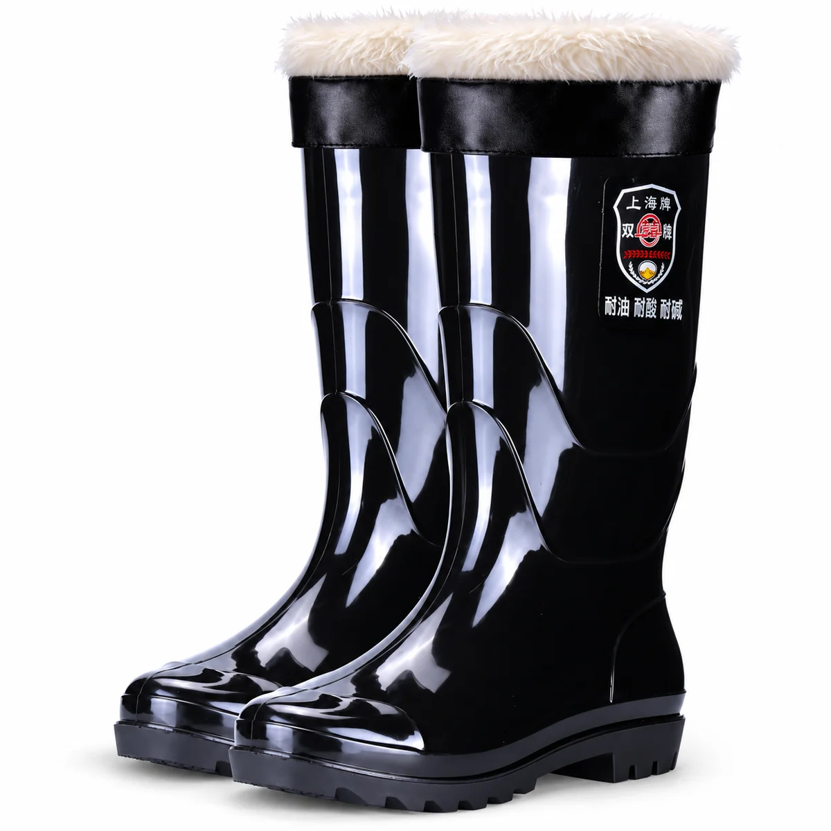 Bottes de pluie noires brillantes à revers noir et doublure claire présentées sur fond blanc.