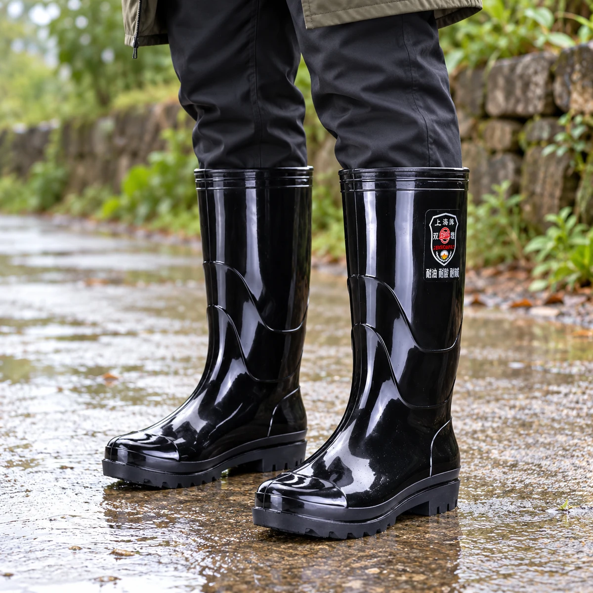 Homme portant des bottes de pluie noires brillantes à tige haute.