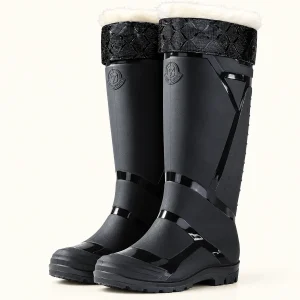 Paire de bottes de pluie noires fourrées à col texturé