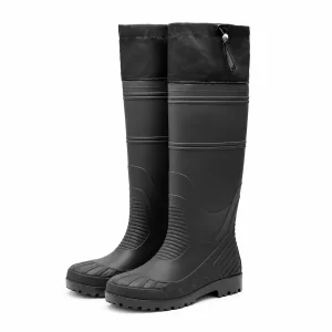 Bottes de pluie noires hautes à cordon présentées sur fond blanc.
