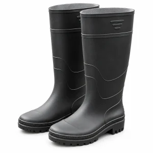 Bottes de pluie noires hautes à tige dessinée présentées sur fond blanc.