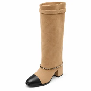 Bottes femme en suédine abricot avec chaîne tendance