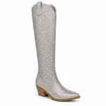 Bottes femme argentées à strass avec talon épais élégantes