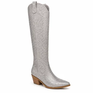 Bottes femme argentées à strass avec talon épais élégantes