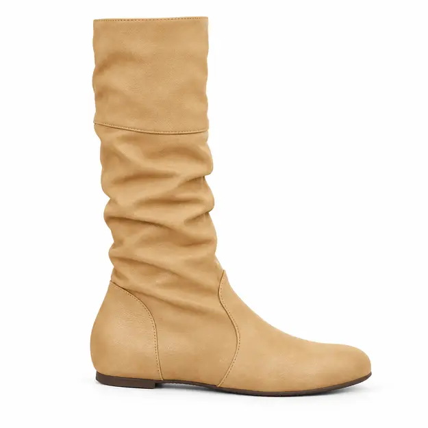 Bottes femme beige sable plissées à enfiler, vue de profil sur fond blanc