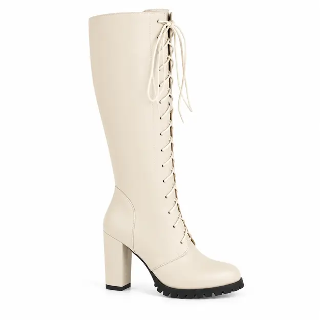 Bottes femme beiges hautes à lacets style punk, vue de profil sur fond blanc