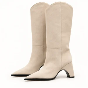 Bottes femme beiges pointues avec talon sculpté élégantes