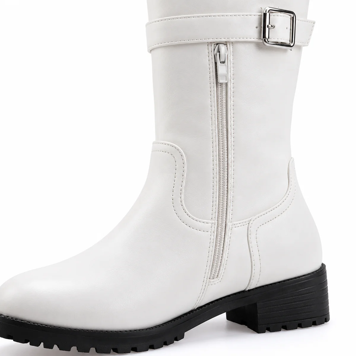 Vue latérale des bottes blanches à talon carré et zip pour femme