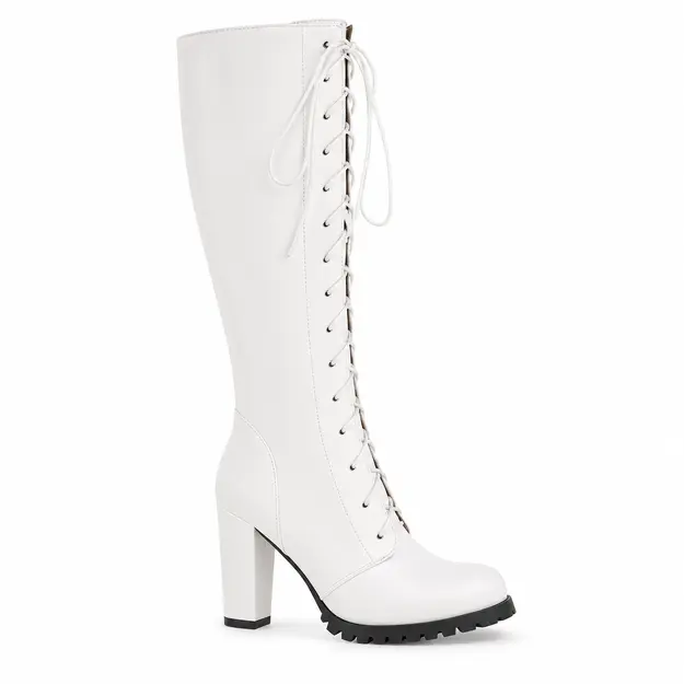Bottes femme blanches hautes à lacets style punk, vue de profil sur fond blanc