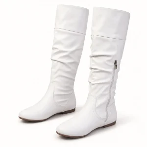 Bottes femmes blanches plissées avec semelle basse élégantes en cuir