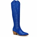 Bottes femme bleues élégantes avec strass et talon épais