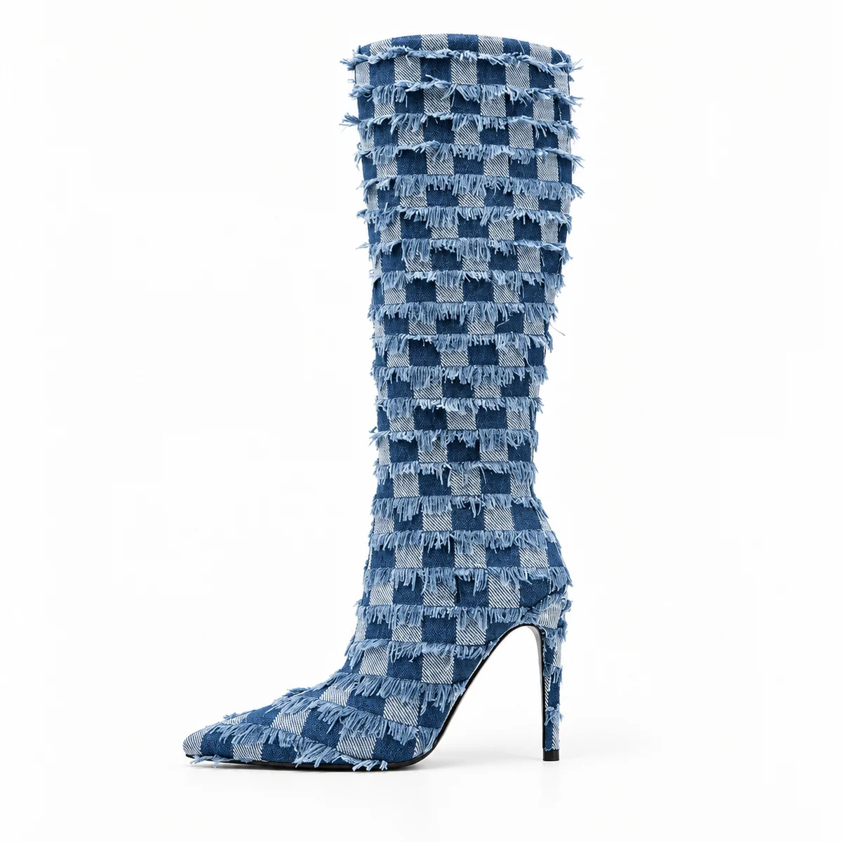 Bottes femme bleues en textile effet denim à motif damier avec talon fin sophistiquées