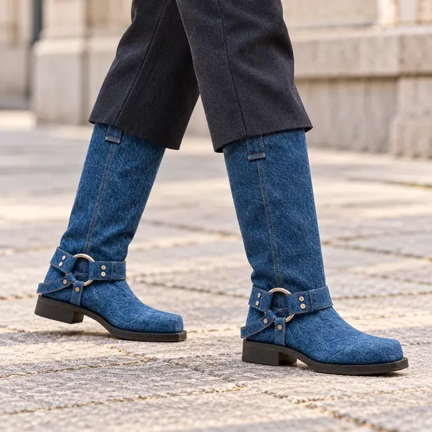 Bottes femme bleues en denim à rivets, portées en marchant avec un pantalon sombre