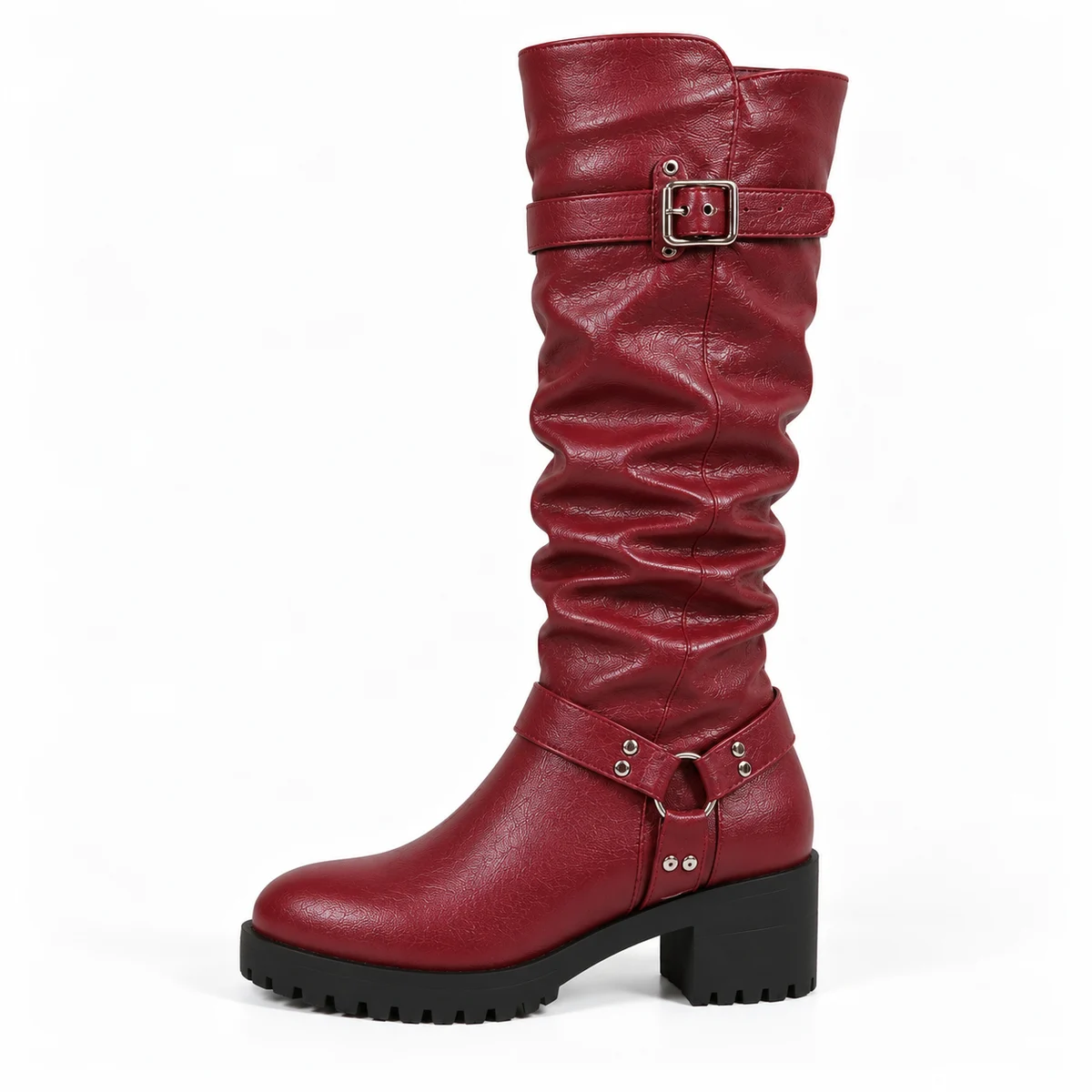 Bottes à talons bordeaux pour femme avec détails plissés