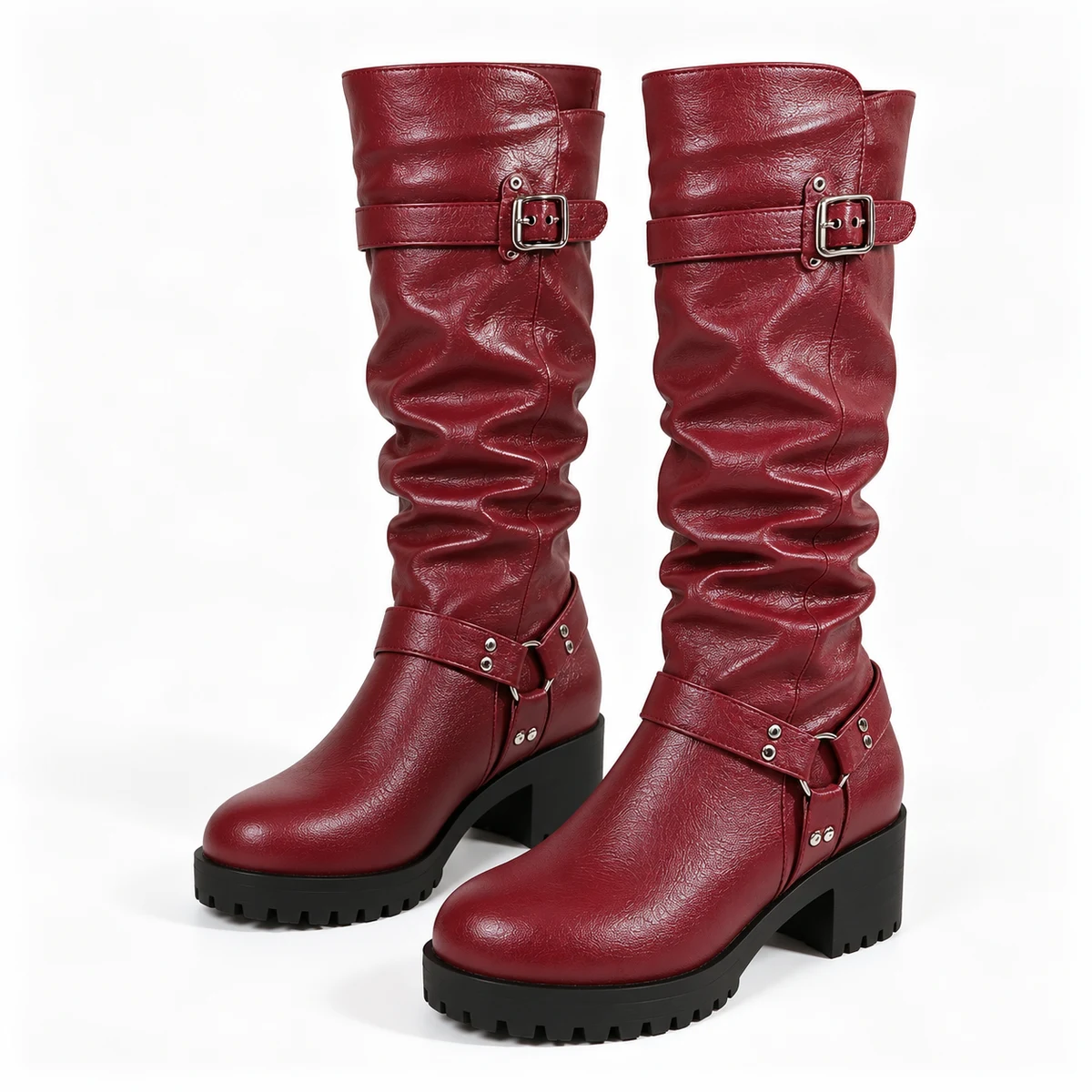 Bottes femme bordeaux plissées avec boucles élégantes
