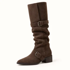 Bottes femme café en suédine avec brides pour un style élégant et confortable