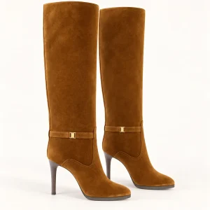Bottes femme camel fourrées à bride et talon fin en cuir élégant