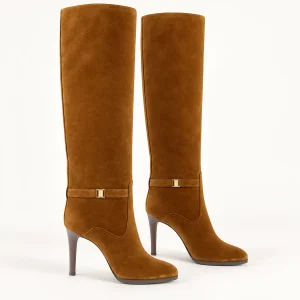 Bottes femme camel veloutées à fine bride et talon élégant