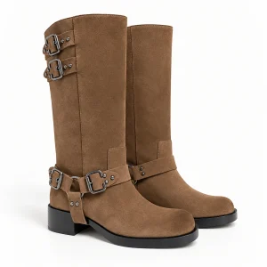 Bottes femme camel veloutées avec harnais et boucles élégantes