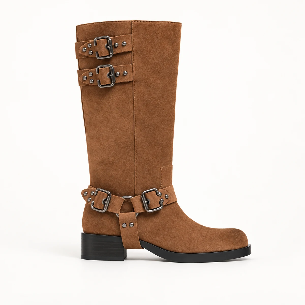 Bottes à talon femme camel avec design à trois boucles et rivets mode