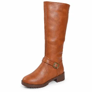 Bottes femme caramel hautes au style vintage, vue de trois quarts sur fond blanc