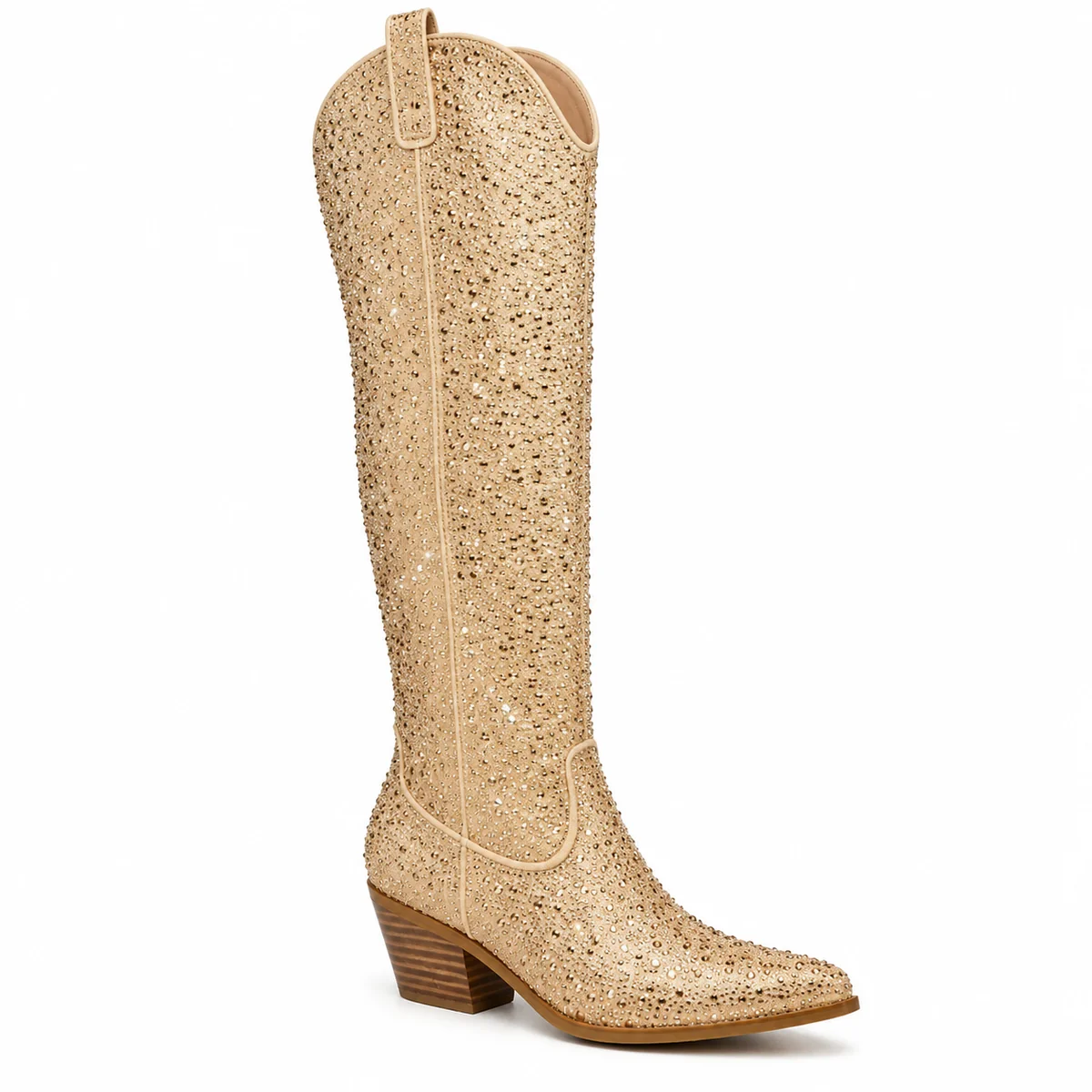 Bottes femme dorées à strass avec talon épais pour soirée élégante