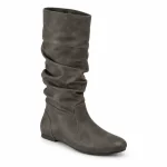 Bottes femme gris foncé plissées à enfiler, vue de trois quarts sur fond blanc