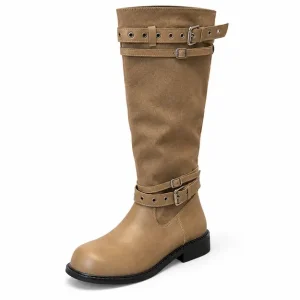 Bottes femme kaki à multiples boucles, vue de trois quarts sur fond blanc
