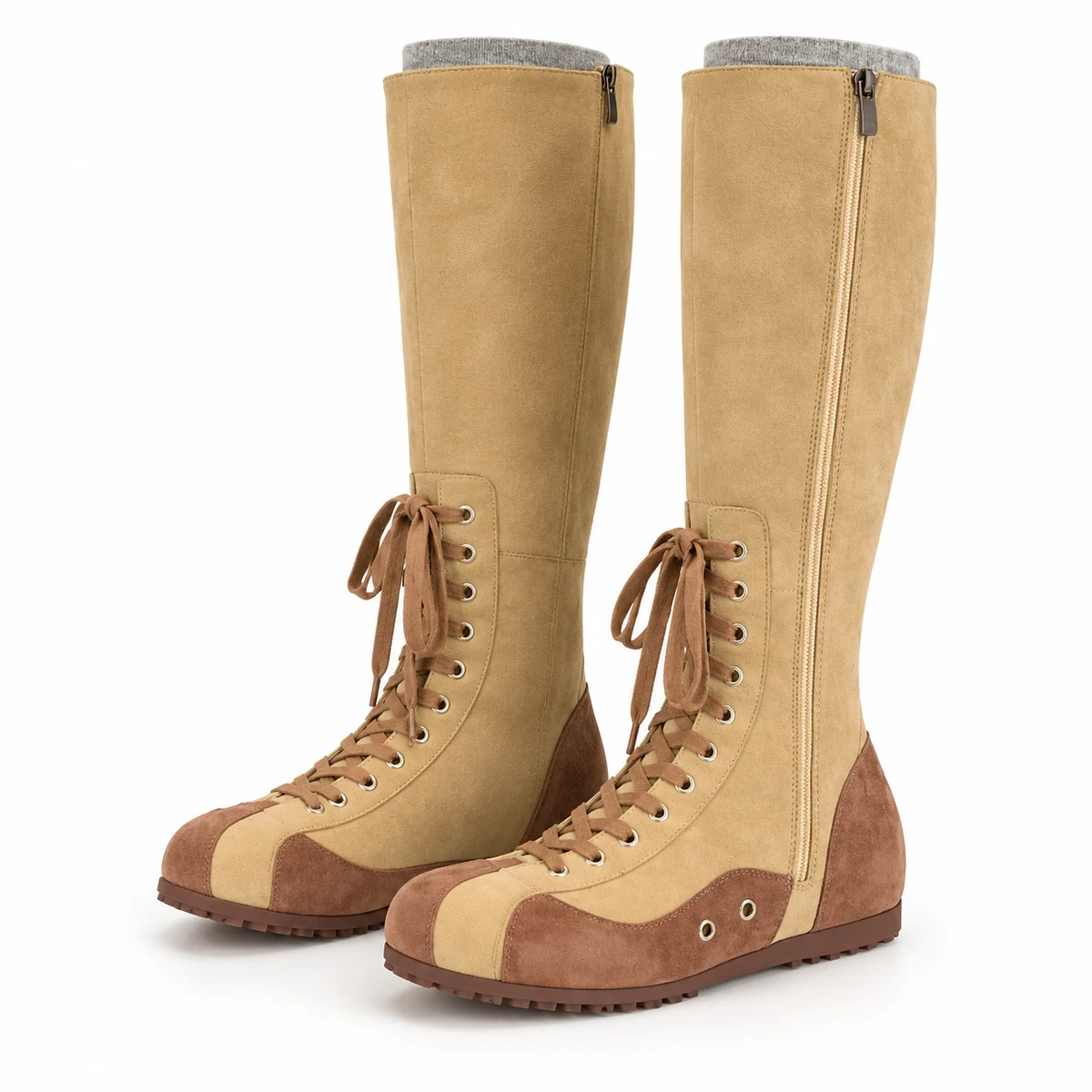 Bottes femme kaki veloutées avec laçage décoratif élégantes