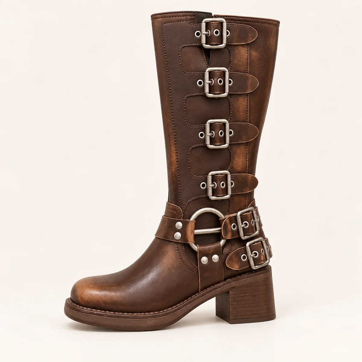bottes femme marron a boucles et plate 44595 10a vue laterale