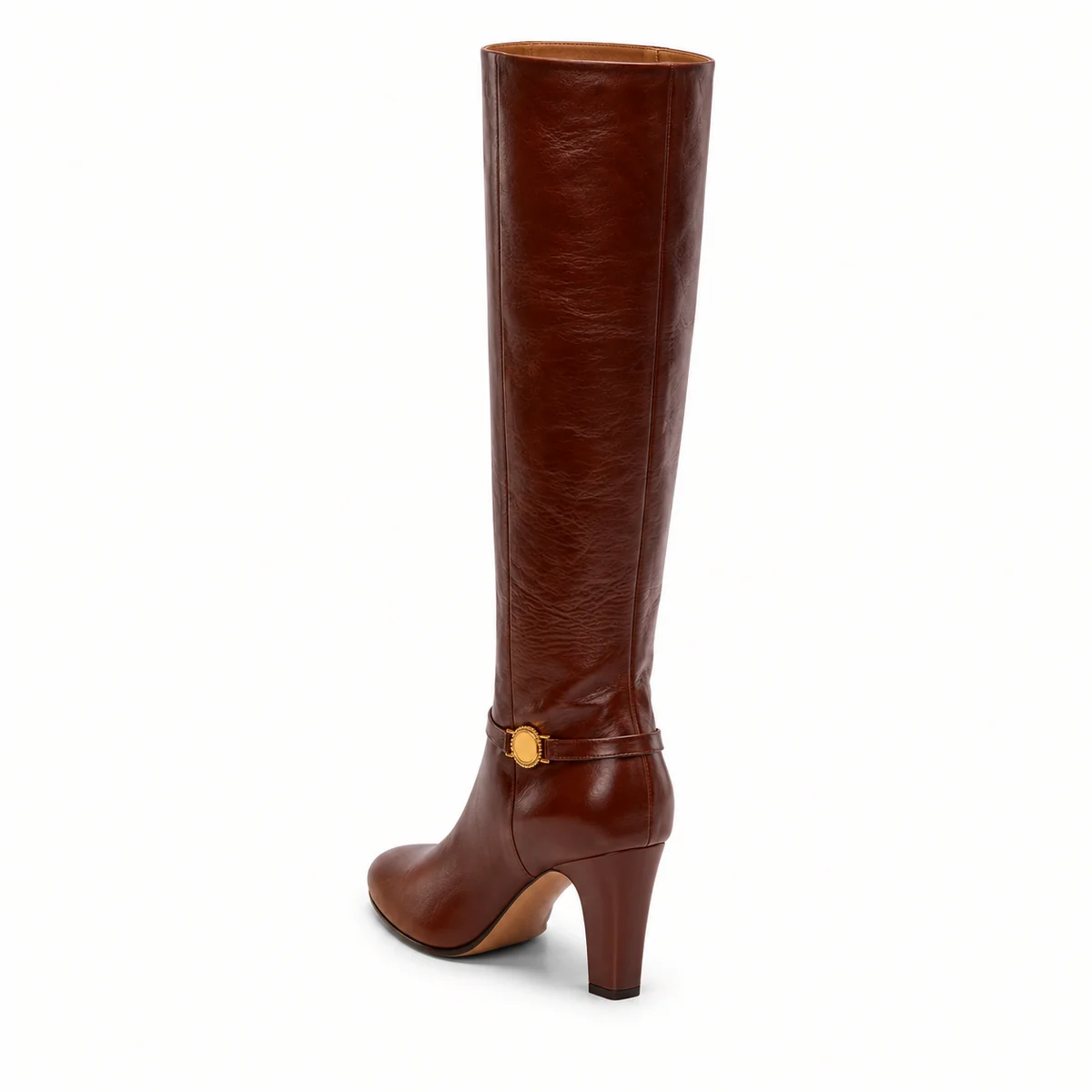 Bottes à talon carré marron pour femme avec détails en boucles métalliques