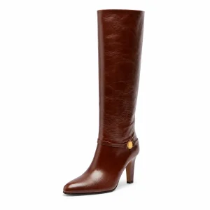 Bottes femme marron à boucles métalliques et talon carré en cuir élégant